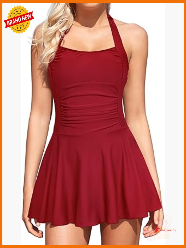 Halter One Piece Swimdress Tummy Control Full Coverage Built-In Shorts